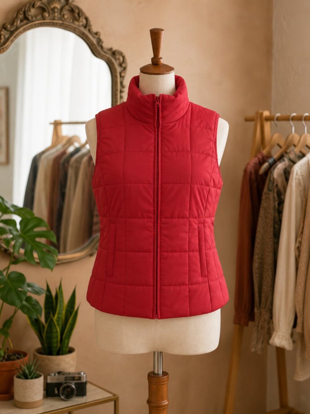 New York & Company Women's Quilted Red Zip-Front Vest